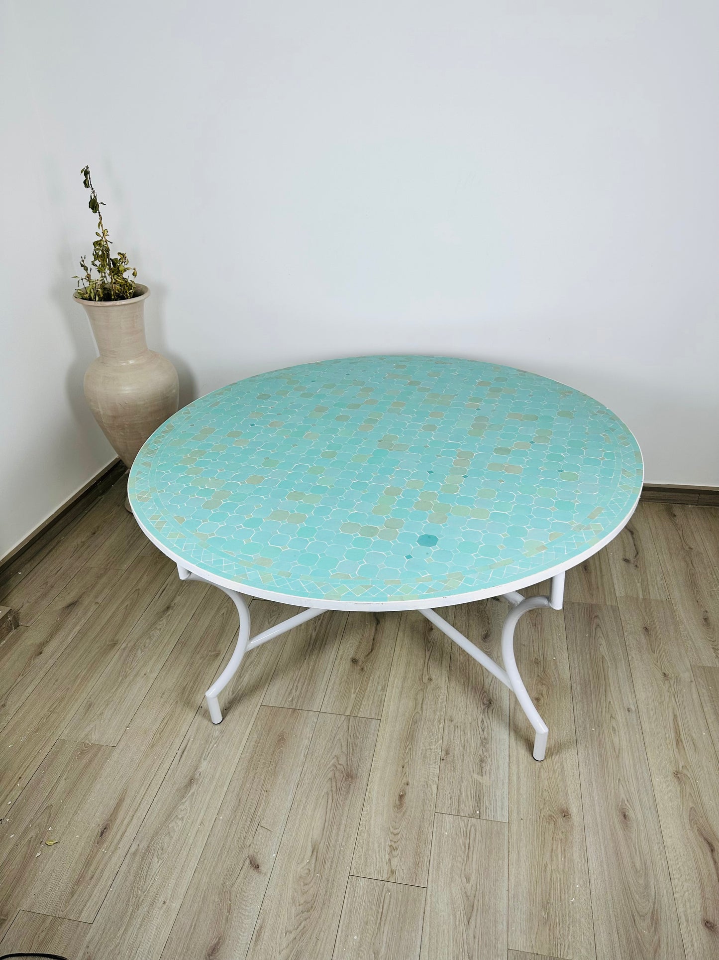 Serene Aqua Mosaic Table with White Iron Base