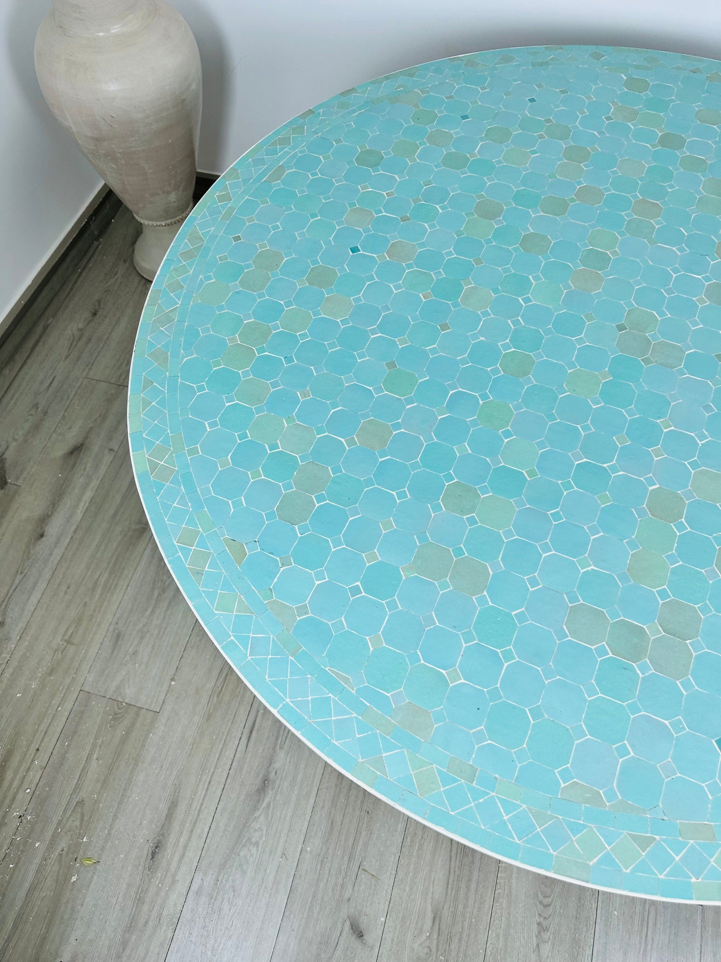 Serene Aqua Mosaic Table with White Iron Base