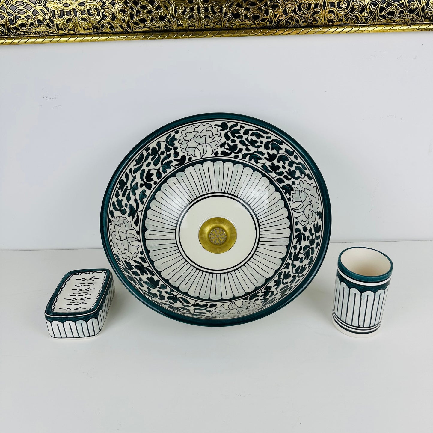 Verdant Bloom: Handcrafted Ceramic Sink with Dark Green Floral Motif