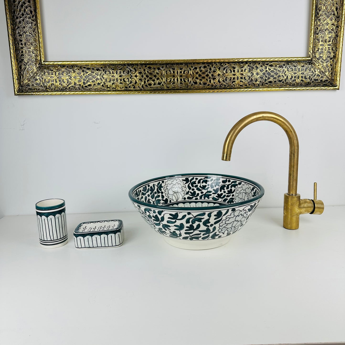 Verdant Bloom: Handcrafted Ceramic Sink with Dark Green Floral Motif