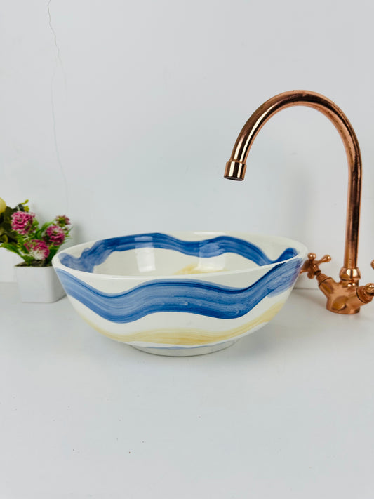 Sunset Seas: Modern Handcrafted Ceramic Sink with Blue and Yellow Wave Motifs