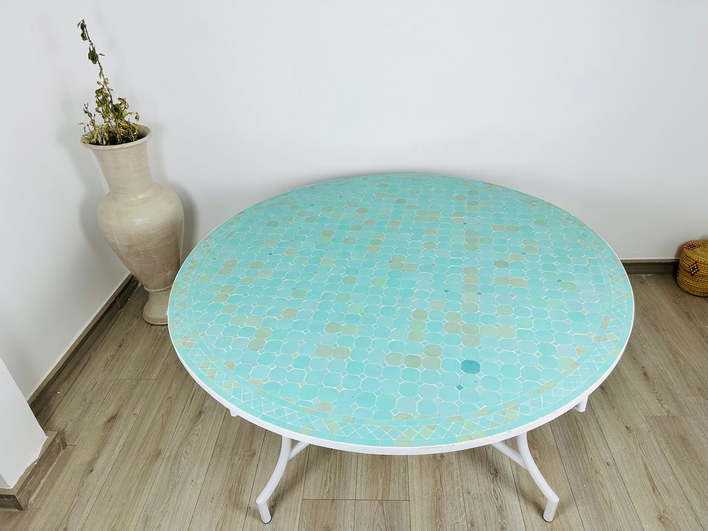 Serene Aqua Mosaic Table with White Iron Base