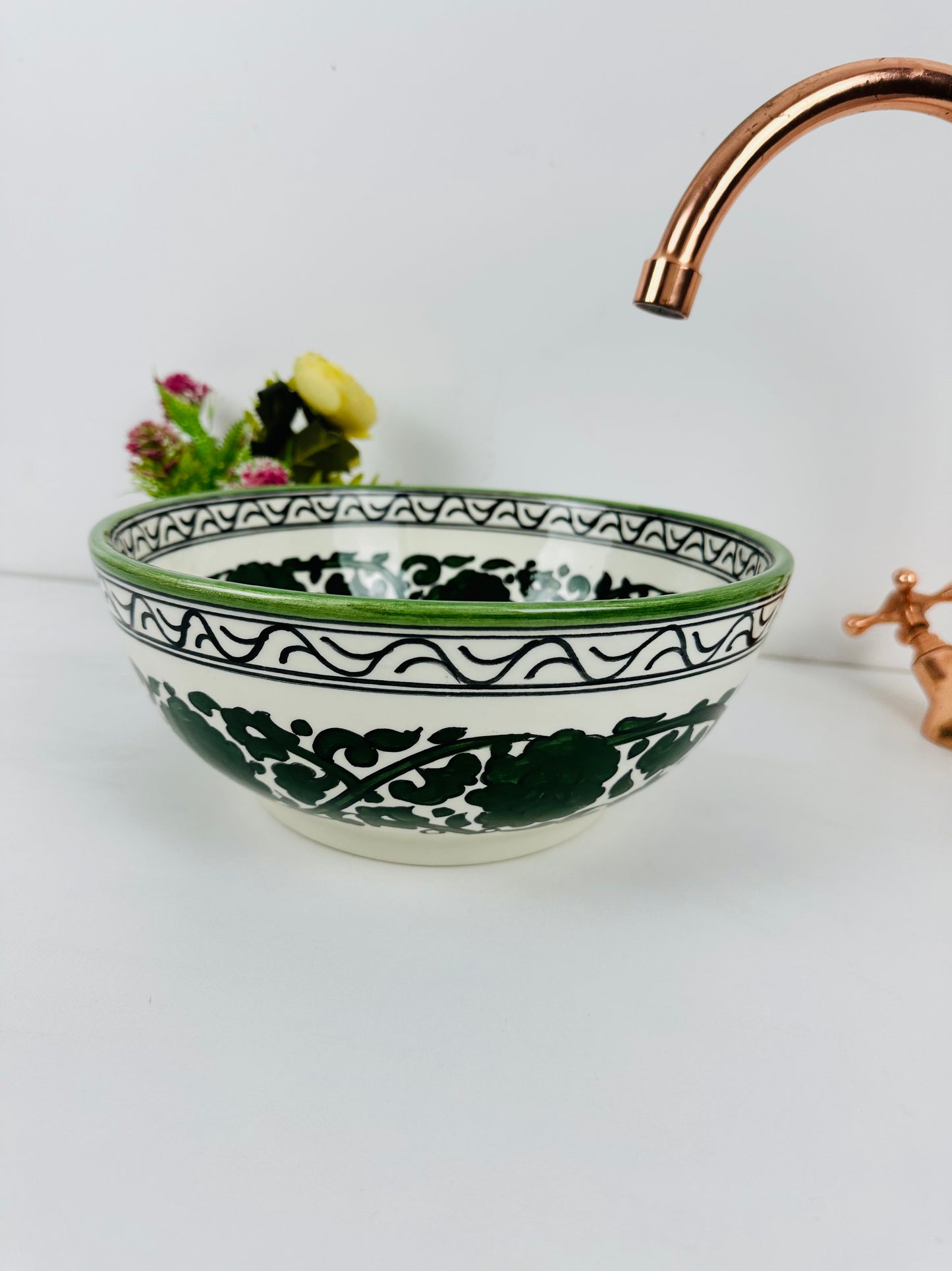 Enchanted Meadow: Handcrafted Ceramic Sink with Dark Green Flowers and Garden Motif