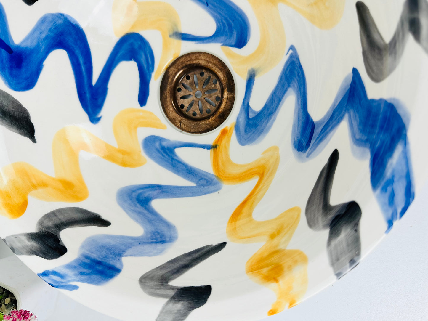 Midnight Tide: Handcrafted Ceramic Sink with Black, Blue, and Orange Swirling Patterns