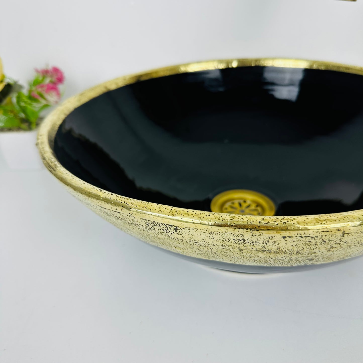 Midnight golden Black: Handcrafted Ceramic Sink with Black Finish and Gold Brass Accents