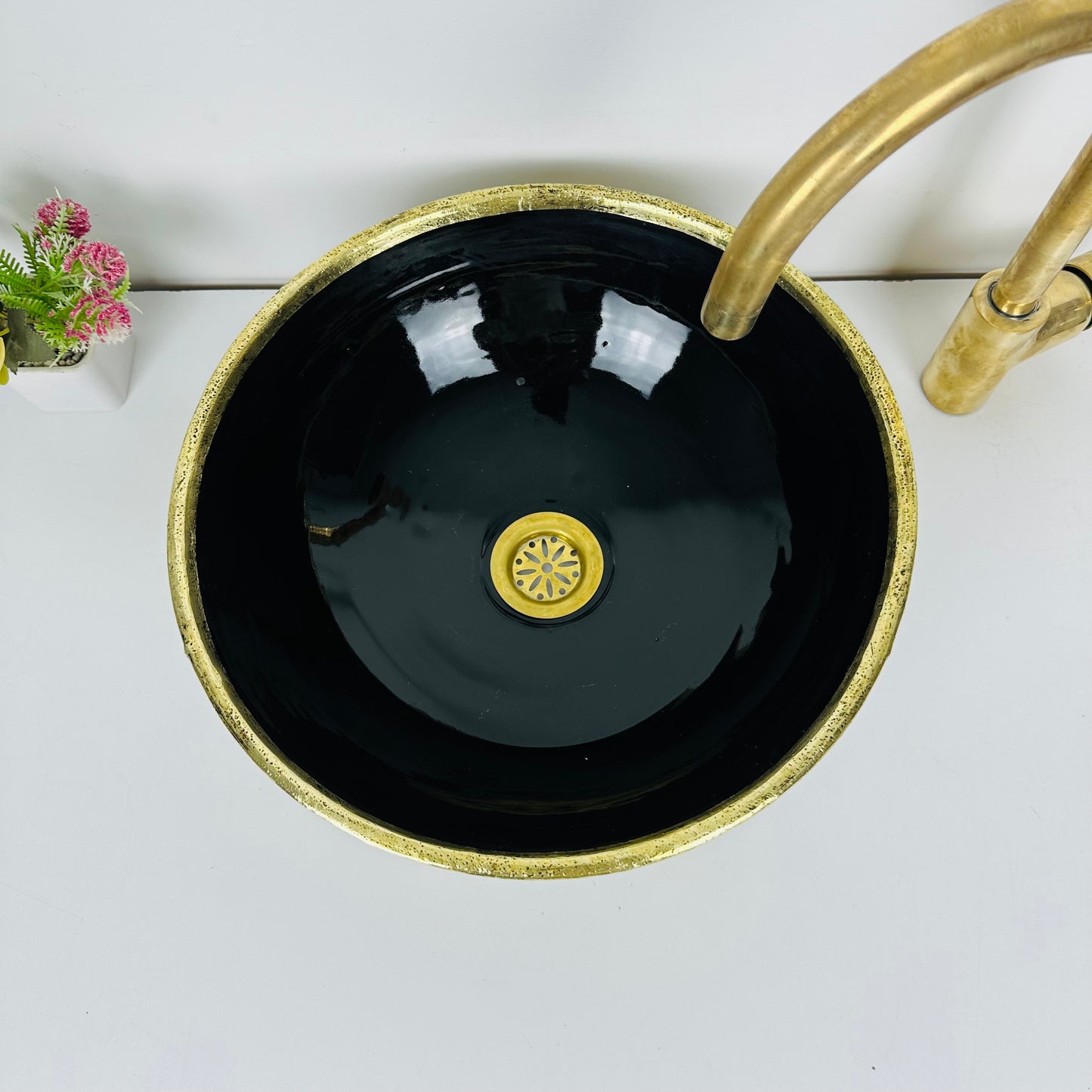 Midnight golden Black: Handcrafted Ceramic Sink with Black Finish and Gold Brass Accents