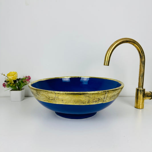 Sapphire Majesty: Handcrafted Ceramic Sink with Dark Blue and Gold Brass Accent