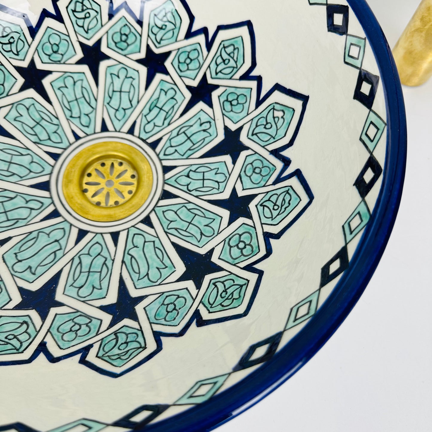 Oceanic Symphony: Handcrafted Ceramic Sink with Variegated Blues and Hand-Painted Shapes