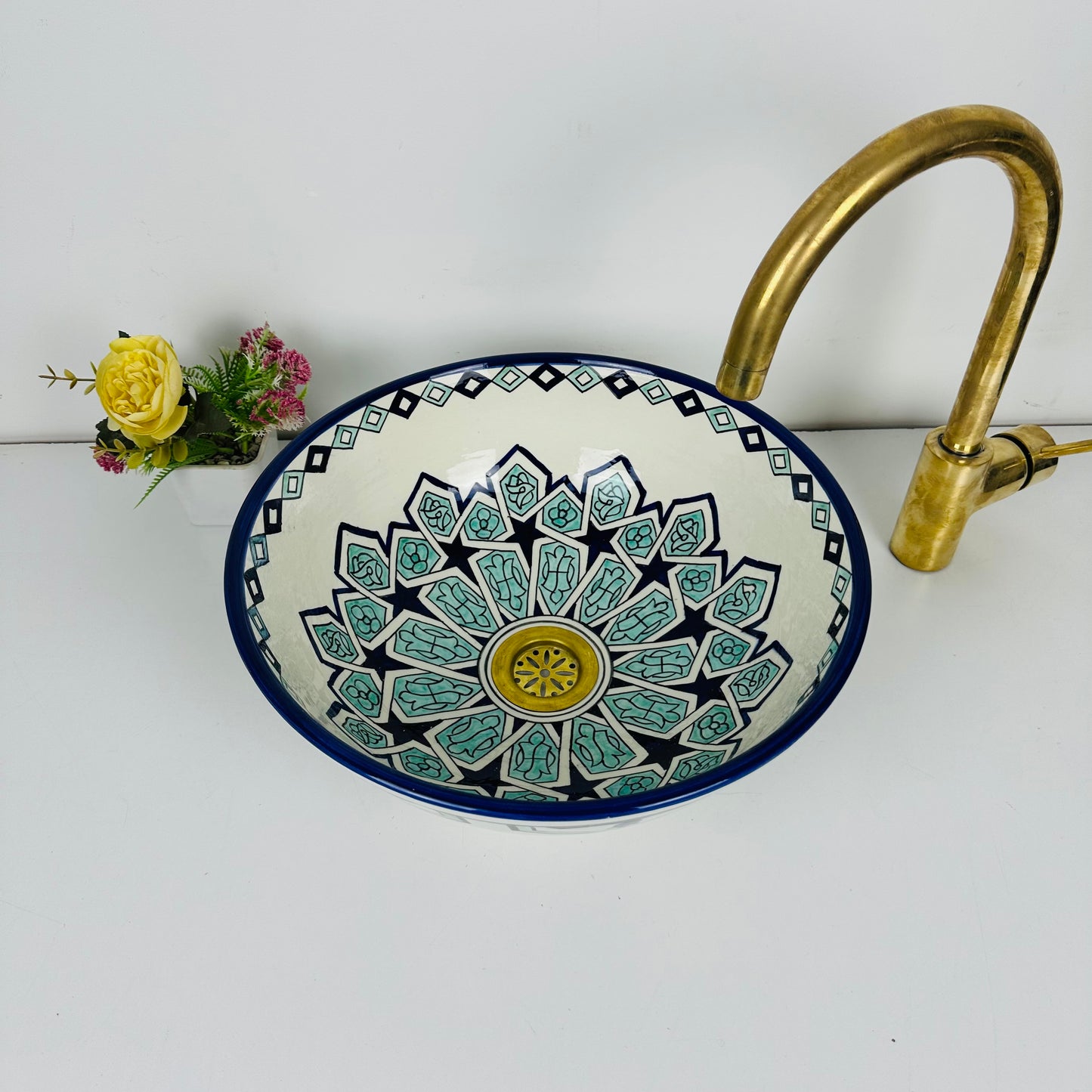 Oceanic Symphony: Handcrafted Ceramic Sink with Variegated Blues and Hand-Painted Shapes