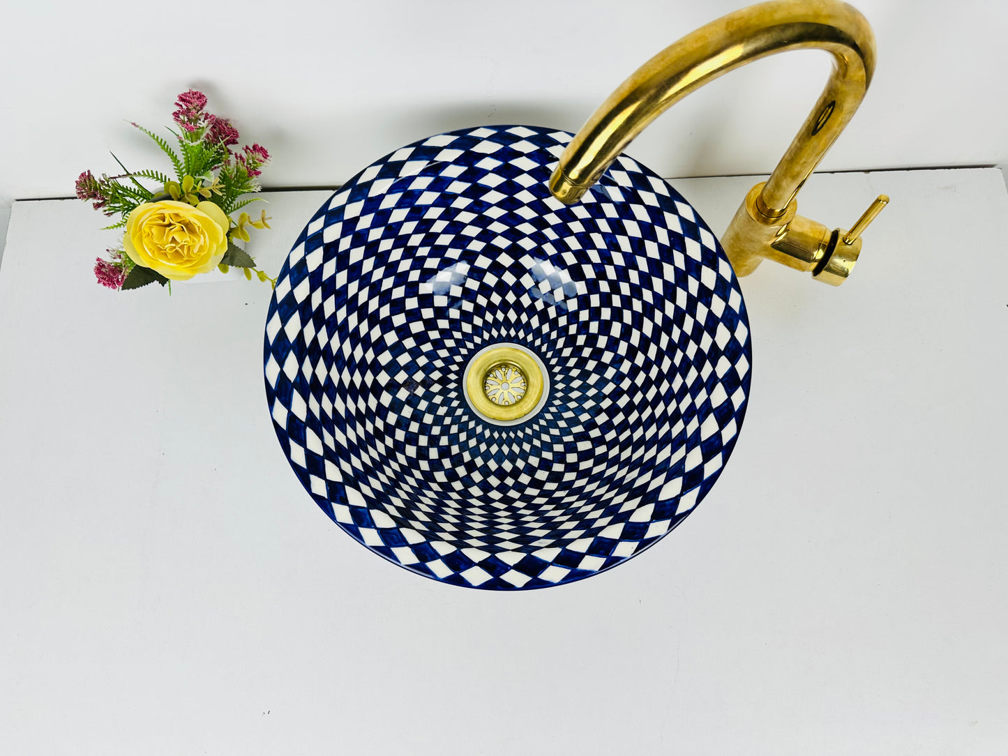 Navy Checkered Tablecloth Style : Handcrafted Ceramic Sink in Navy Blue