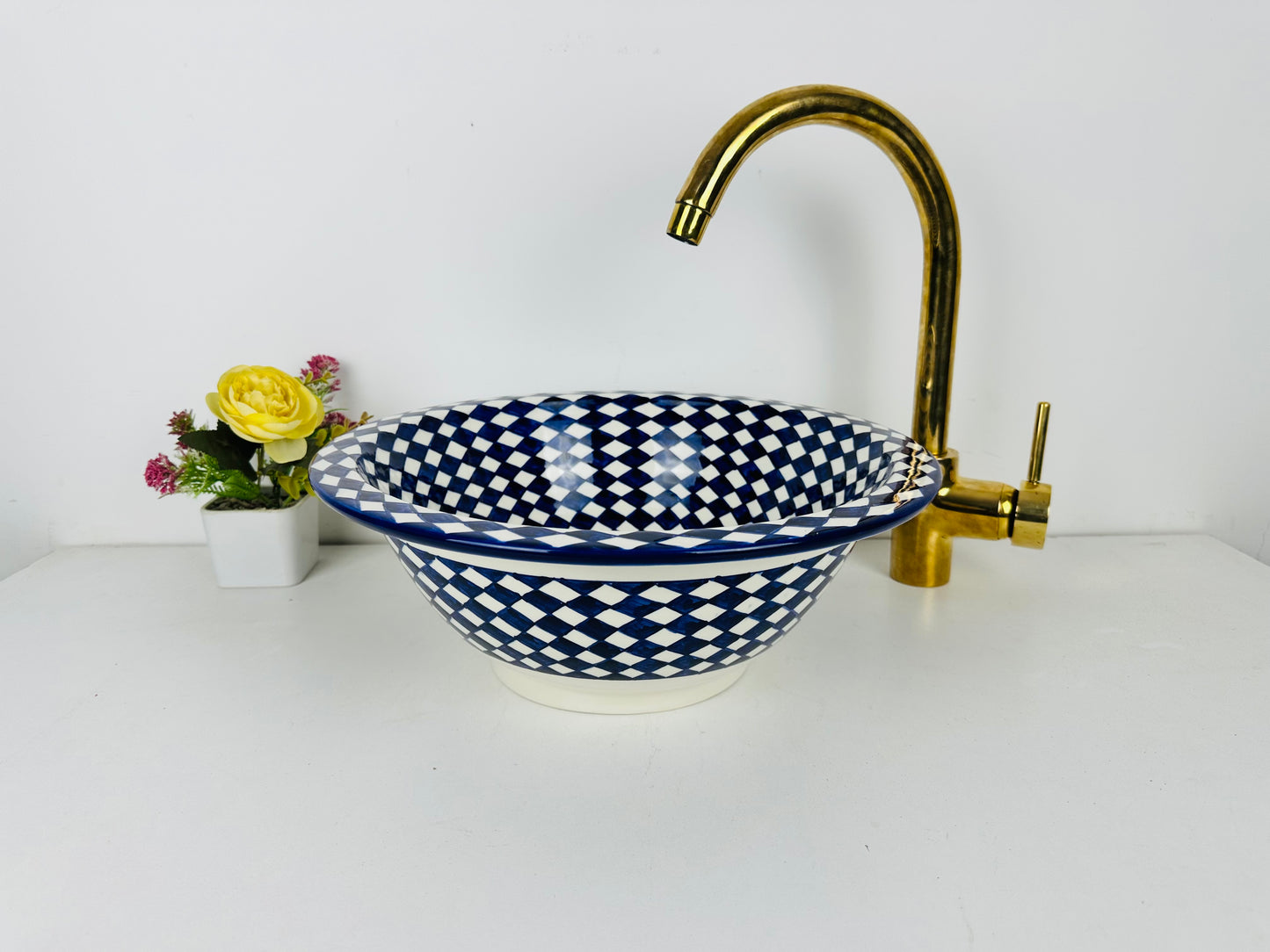 Navy Checkered Tablecloth Style : Handcrafted Ceramic Sink in Navy Blue