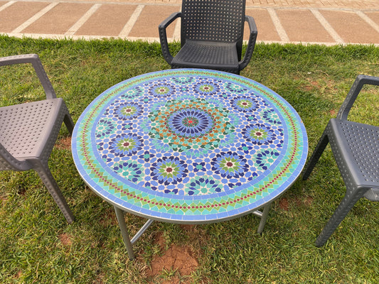Table à manger en mosaïque ronde pour l'extérieur et l'intérieur Design mandala 100% artisanal Hauteur du costume