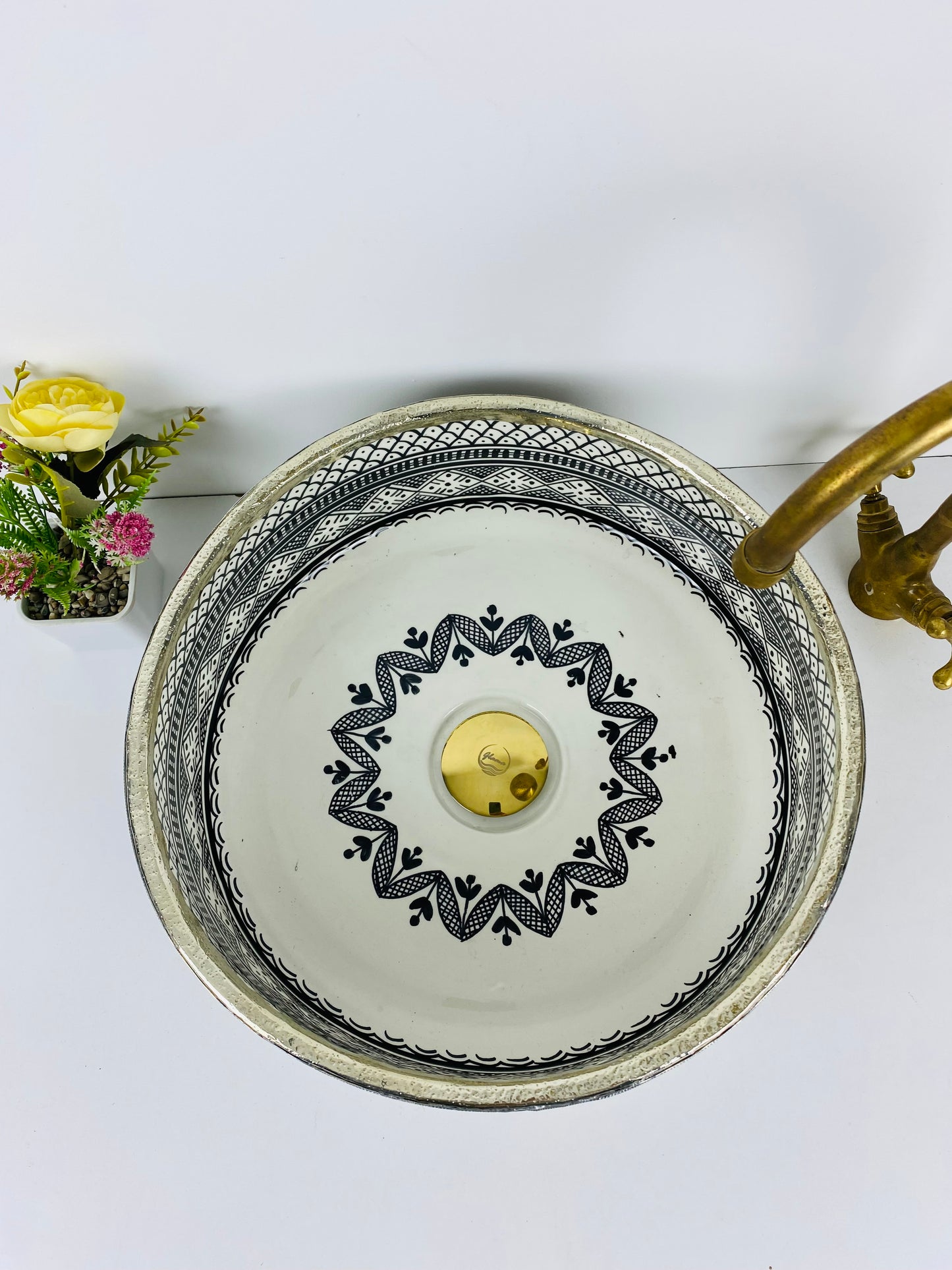 Silver Lining: Handcrafted Ceramic Sink in Black and White with Silver Brass Touches