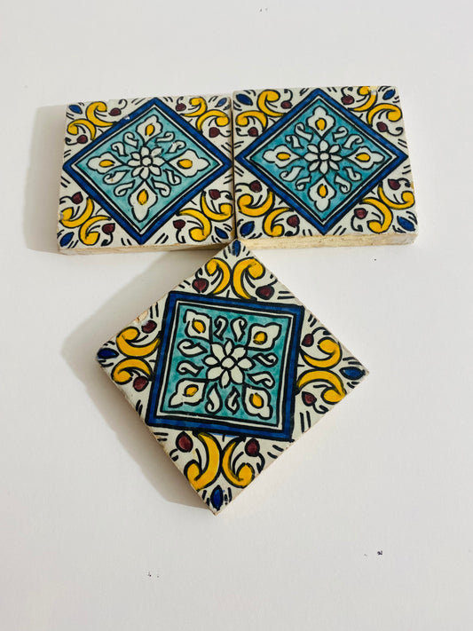 Hand-Painted Moroccan Ceramic Tiles – Blue & Yellow Floral Design