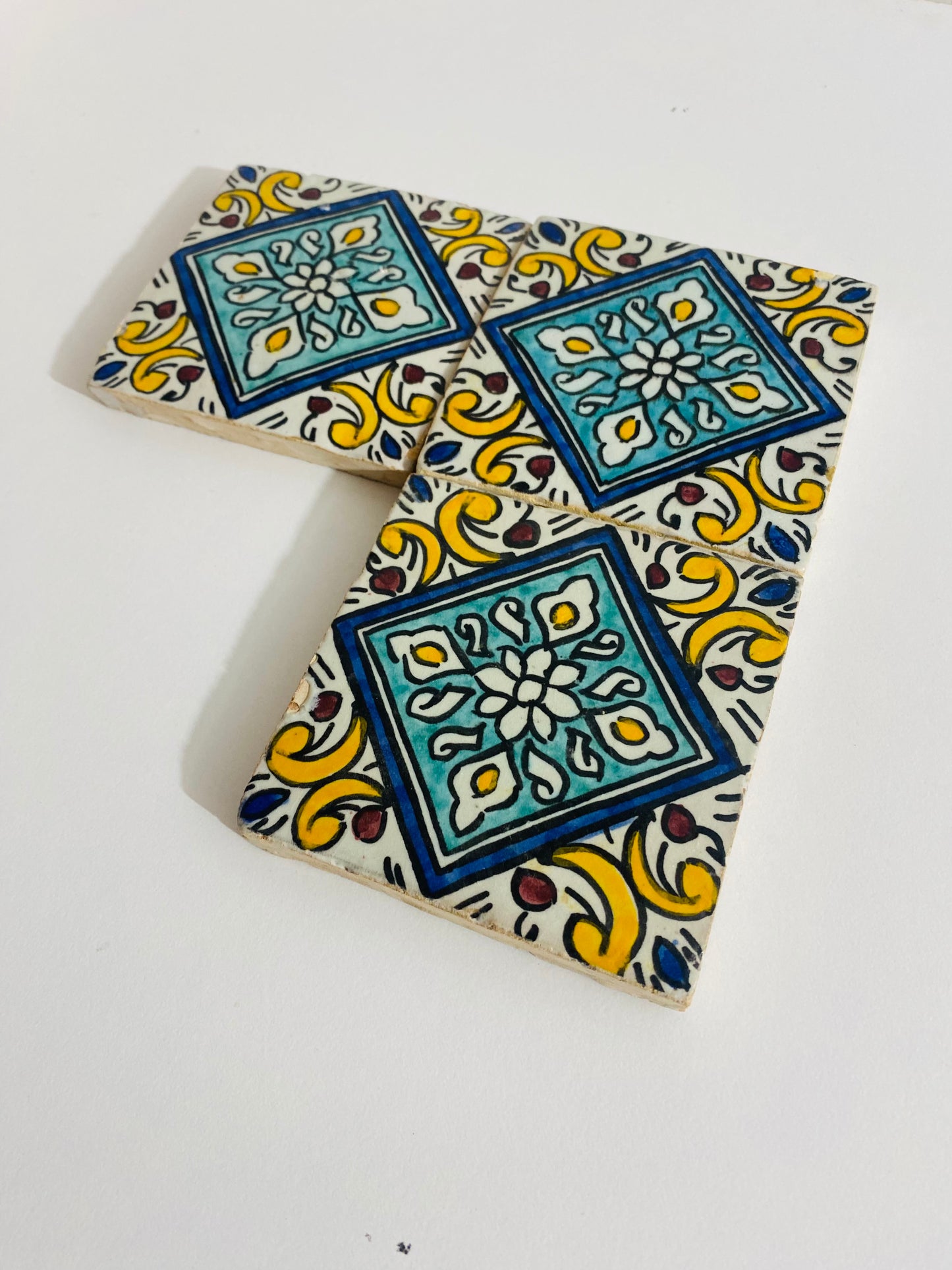 Hand-Painted Moroccan Ceramic Tiles – Blue & Yellow Floral Design