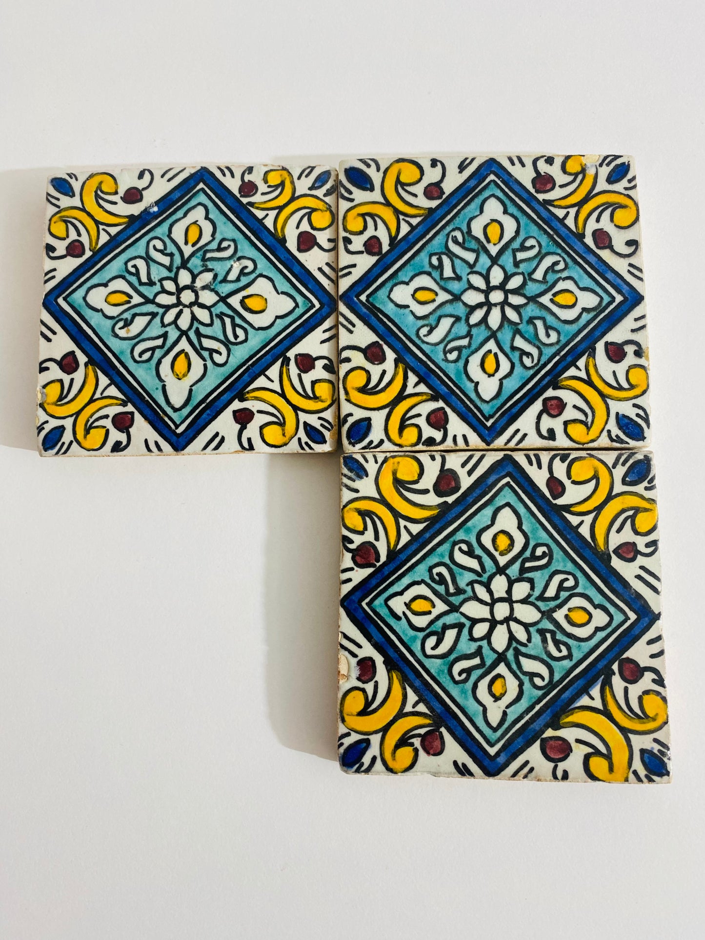 Hand-Painted Moroccan Ceramic Tiles – Blue & Yellow Floral Design