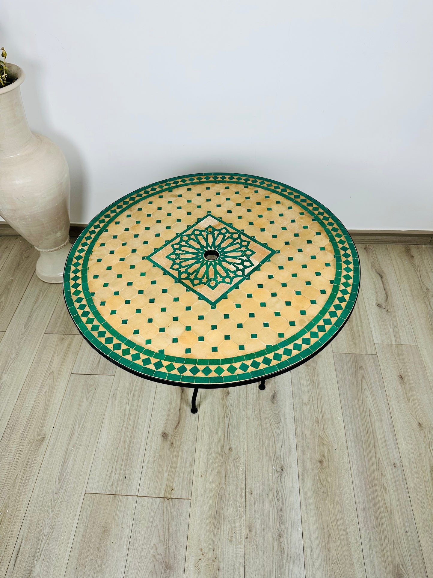 Sunburst Raw Clay & Green Mosaic Table with Umbrella Hole