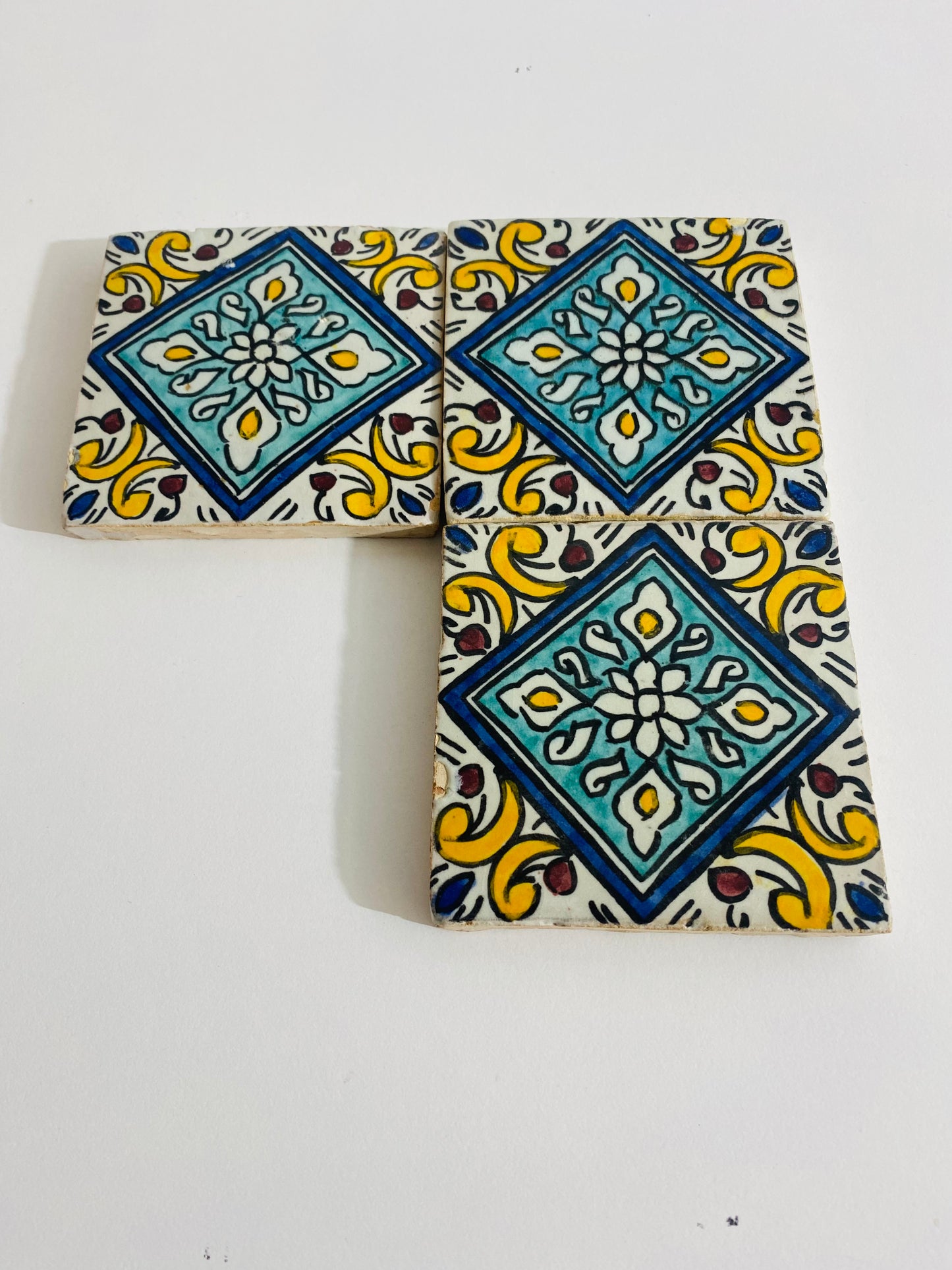 Hand-Painted Moroccan Ceramic Tiles – Blue & Yellow Floral Design