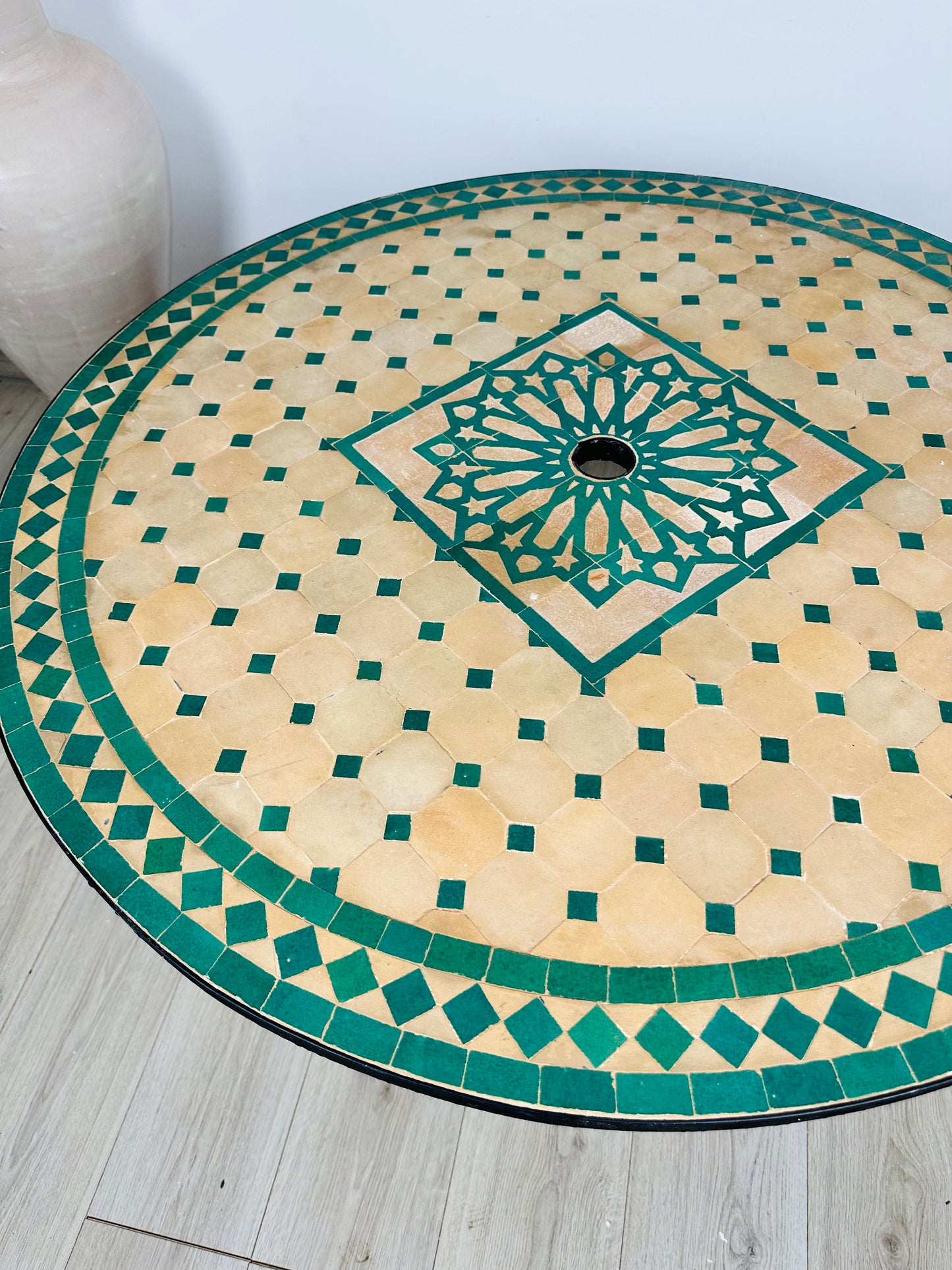 Sunburst Raw Clay & Green Mosaic Table with Umbrella Hole