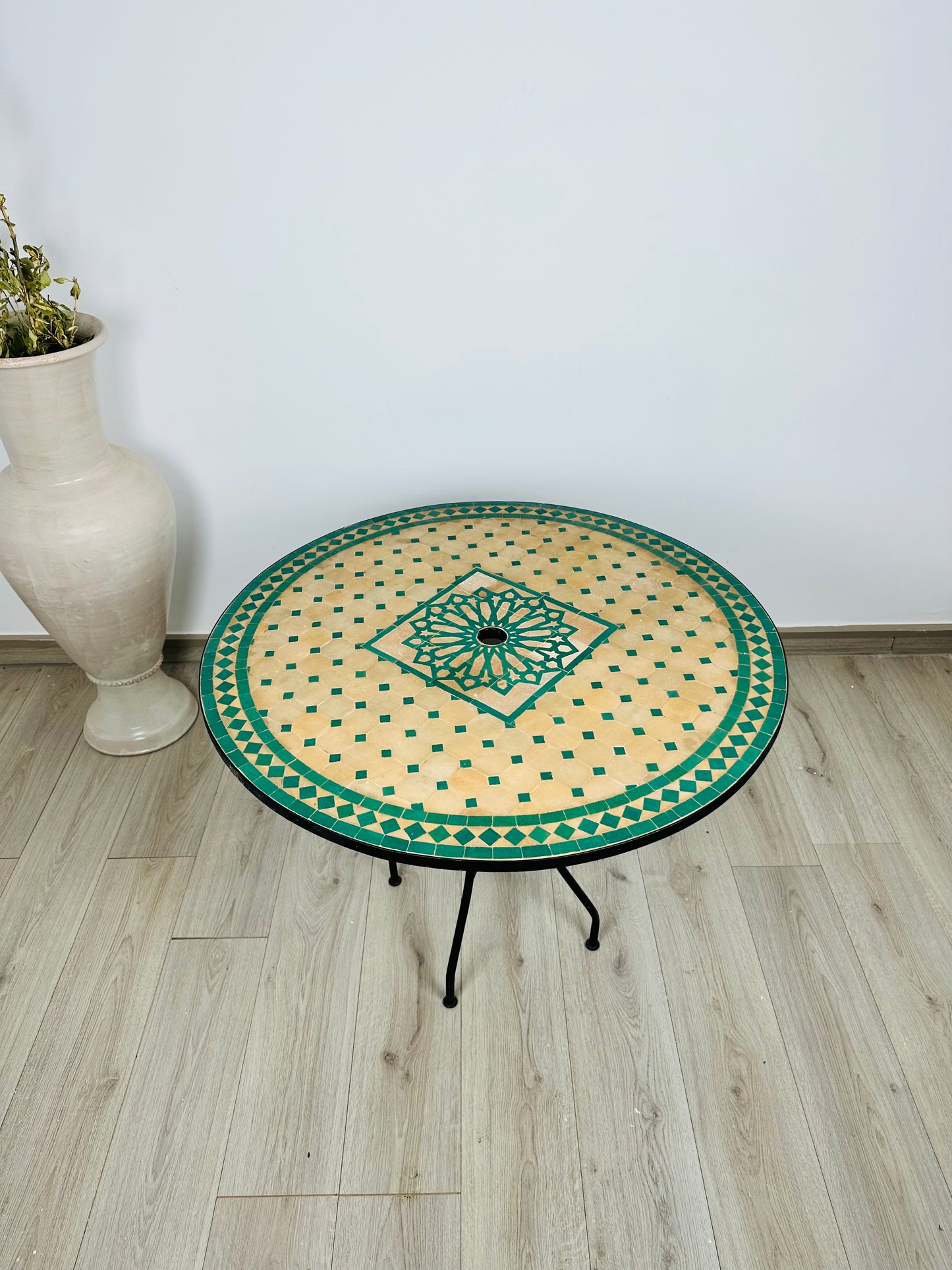 Sunburst Raw Clay & Green Mosaic Table with Umbrella Hole