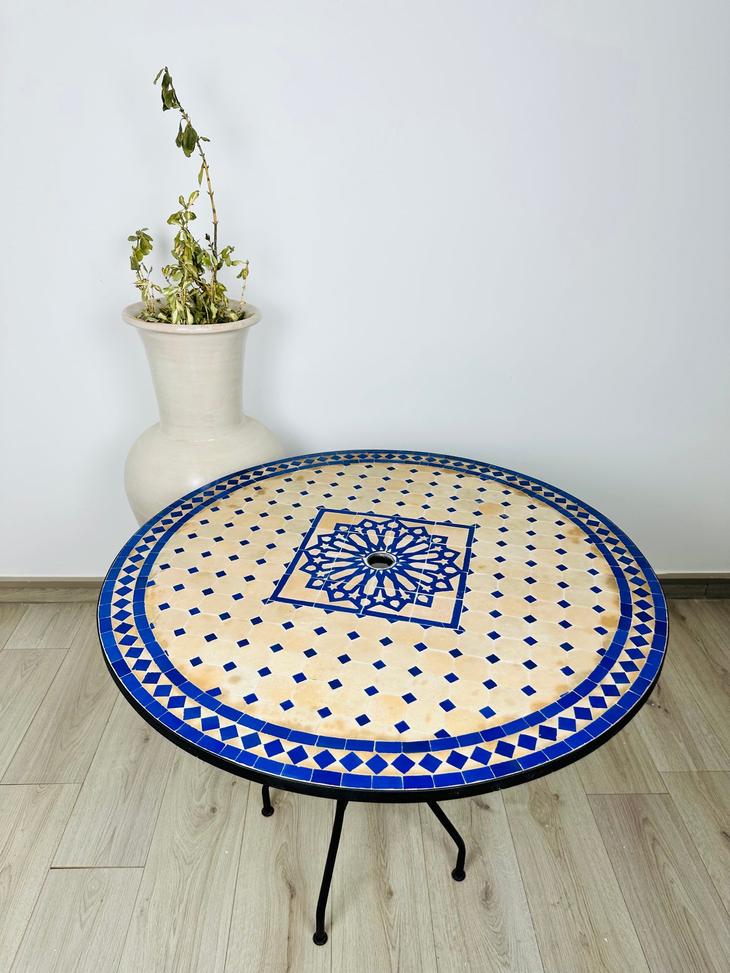 Elegant Raw Clay Beige & Blue Mosaic Table with Umbrella Hole