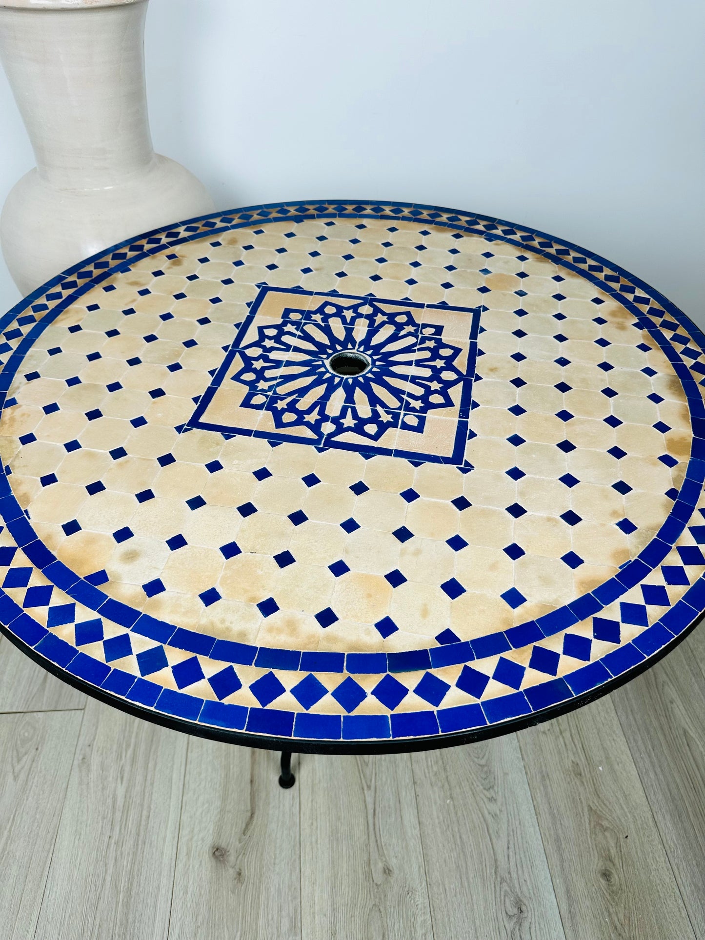 Elegant Raw Clay Beige & Blue Mosaic Table with Umbrella Hole