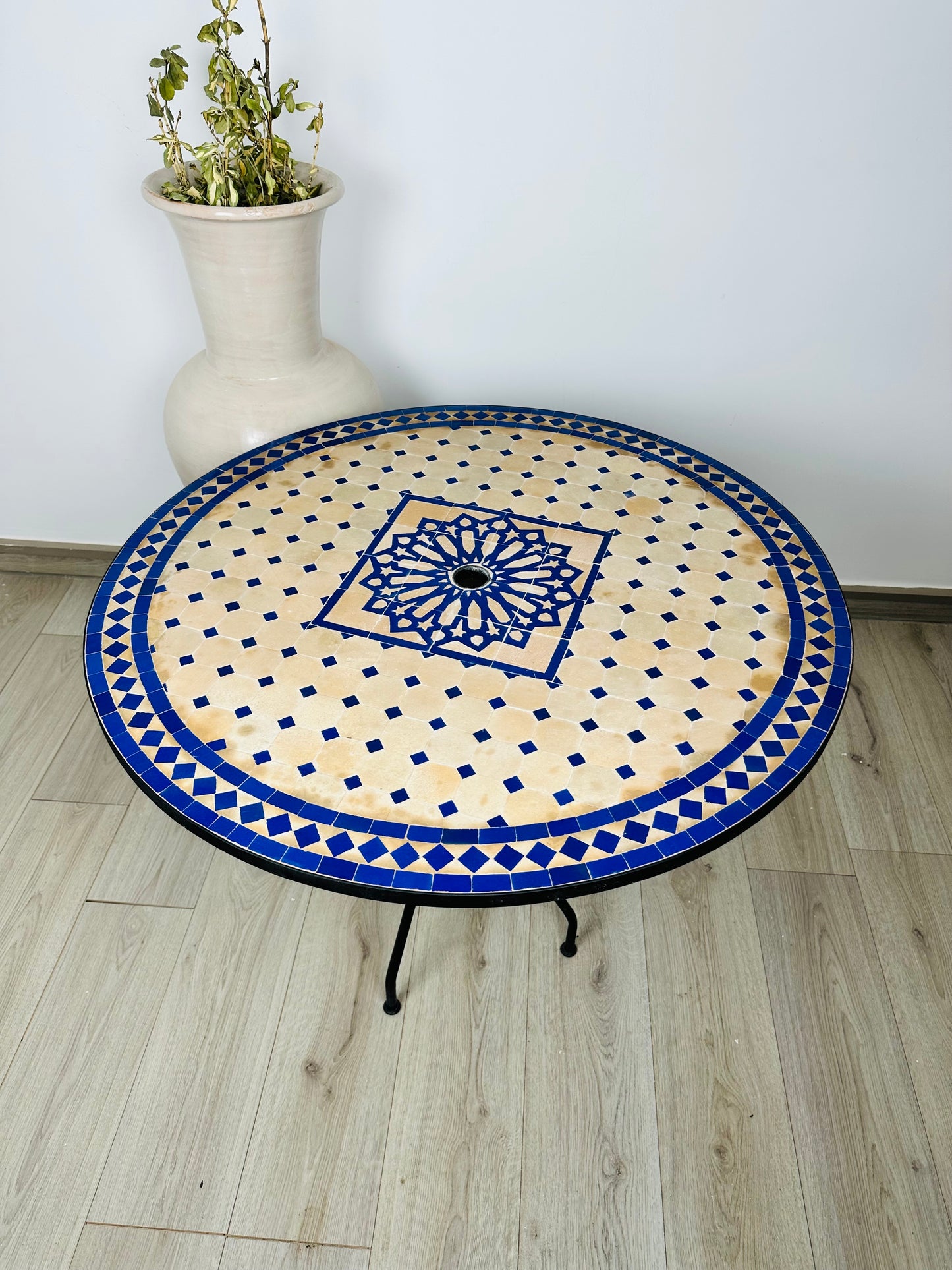 Elegant Raw Clay Beige & Blue Mosaic Table with Umbrella Hole