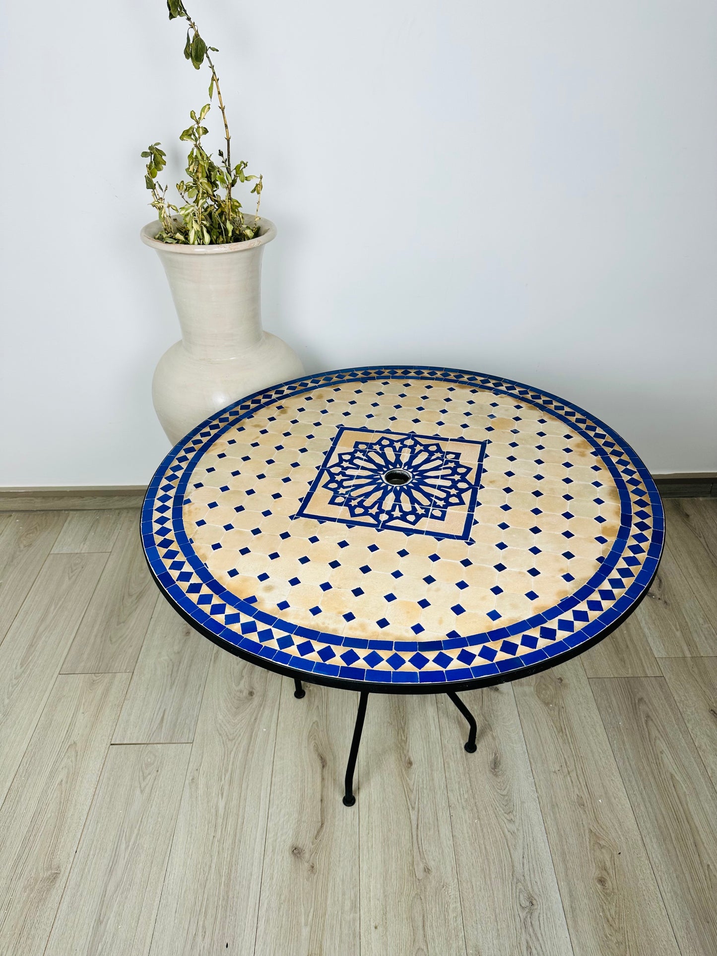 Elegant Raw Clay Beige & Blue Mosaic Table with Umbrella Hole