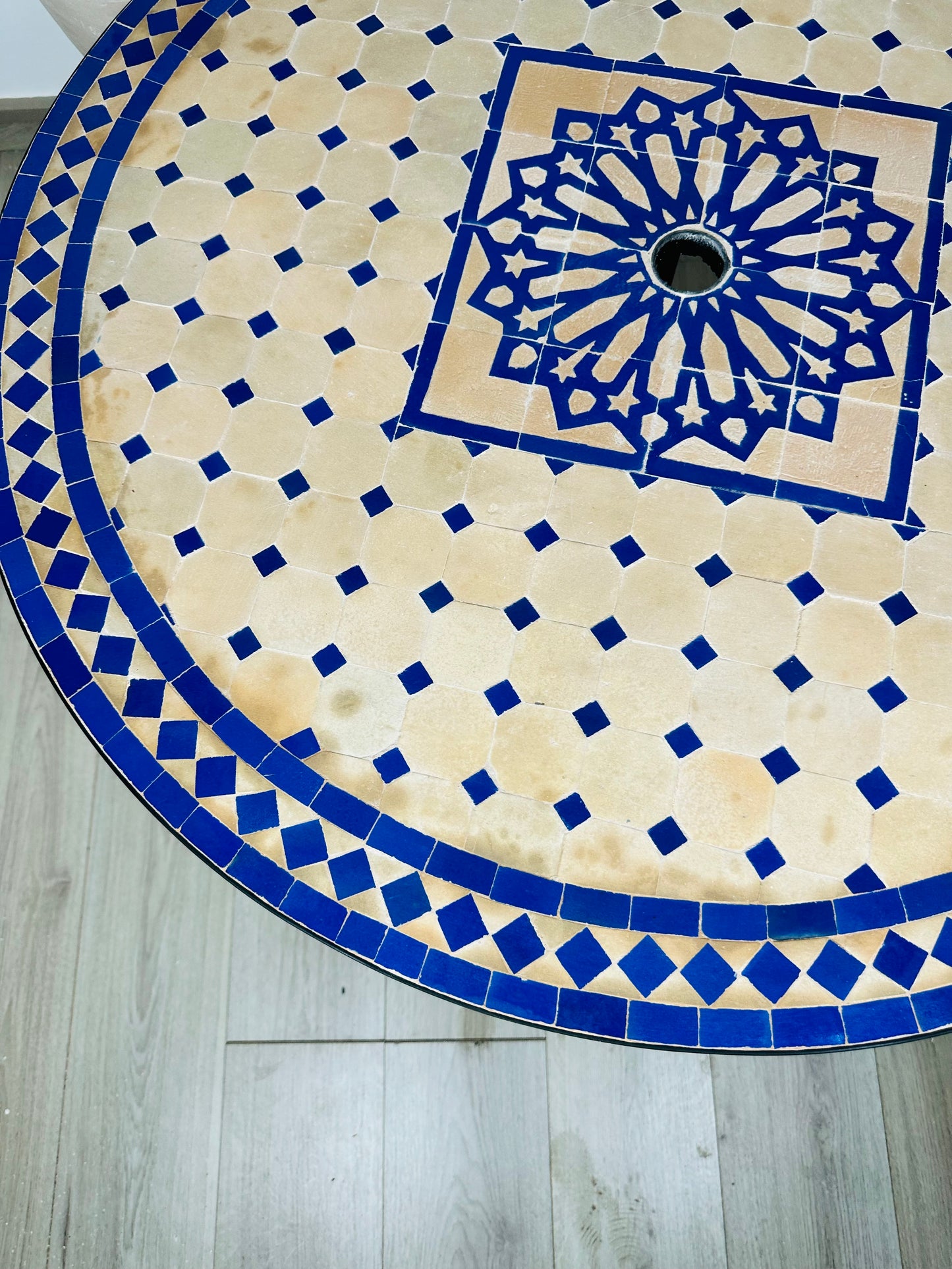 Elegant Raw Clay Beige & Blue Mosaic Table with Umbrella Hole