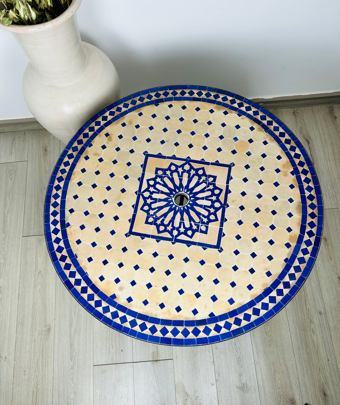 Elegant Raw Clay Beige & Blue Mosaic Table with Umbrella Hole