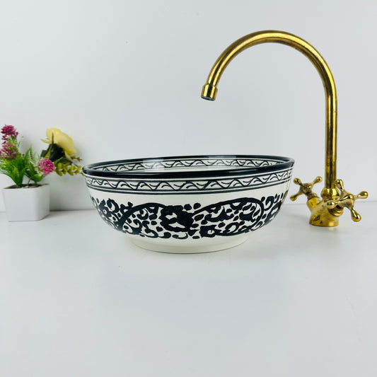 Midnight Majesty: Handcrafted Ceramic Sink with Intricate Black Design