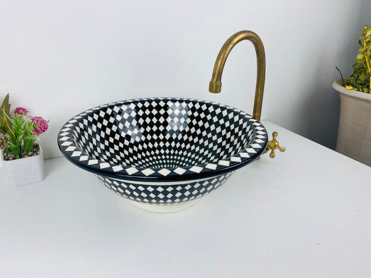 Checkered Charm: Handcrafted Ceramic Sink with Checkerboard Design