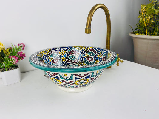Vibrant Medina: Handcrafted Ceramic Sink with Colorful Traditional Moroccan-Inspired Design