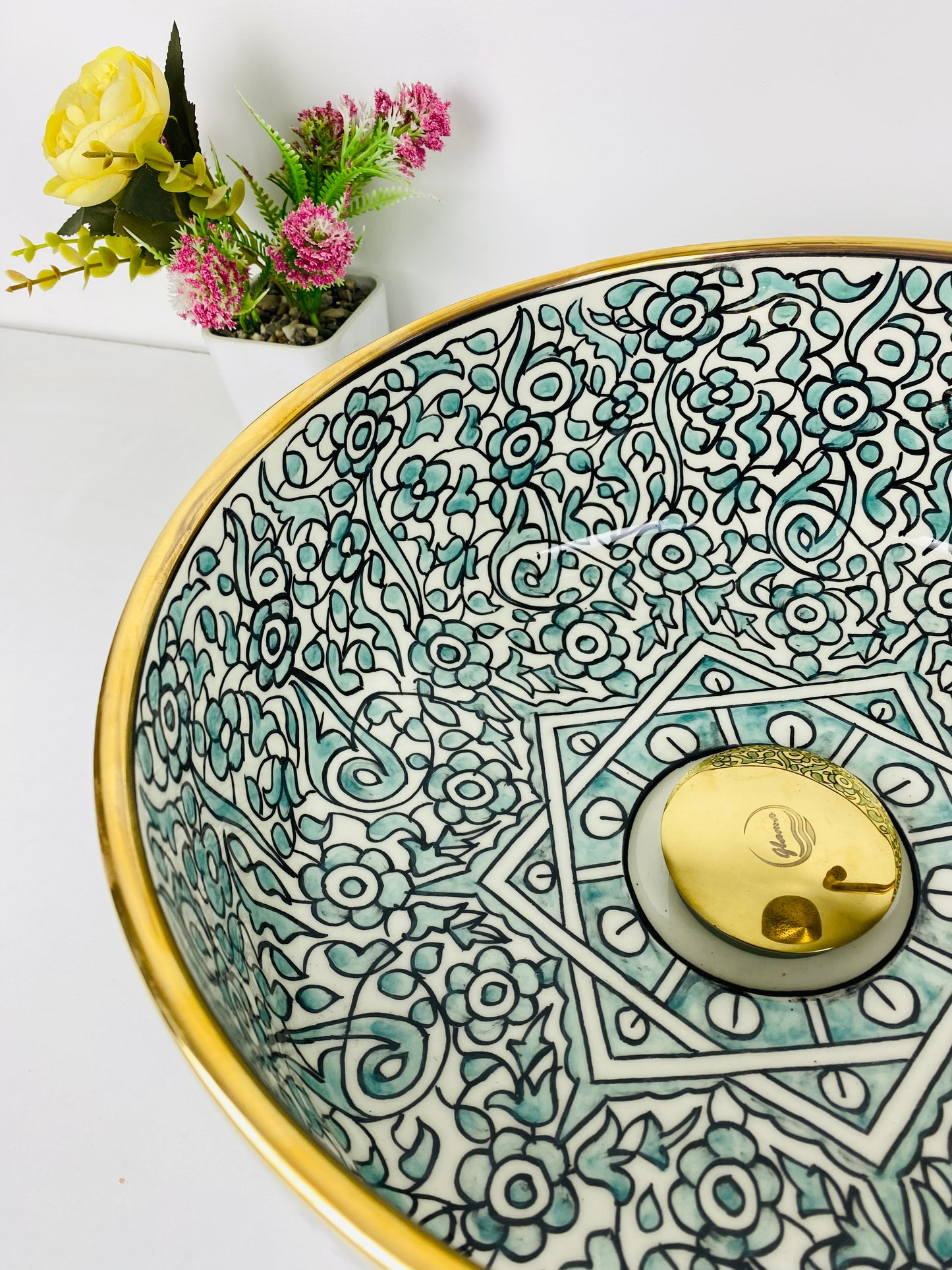 14K Gold and Teal Bloom: Handcrafted Ceramic Sink with Teal Flower Accents