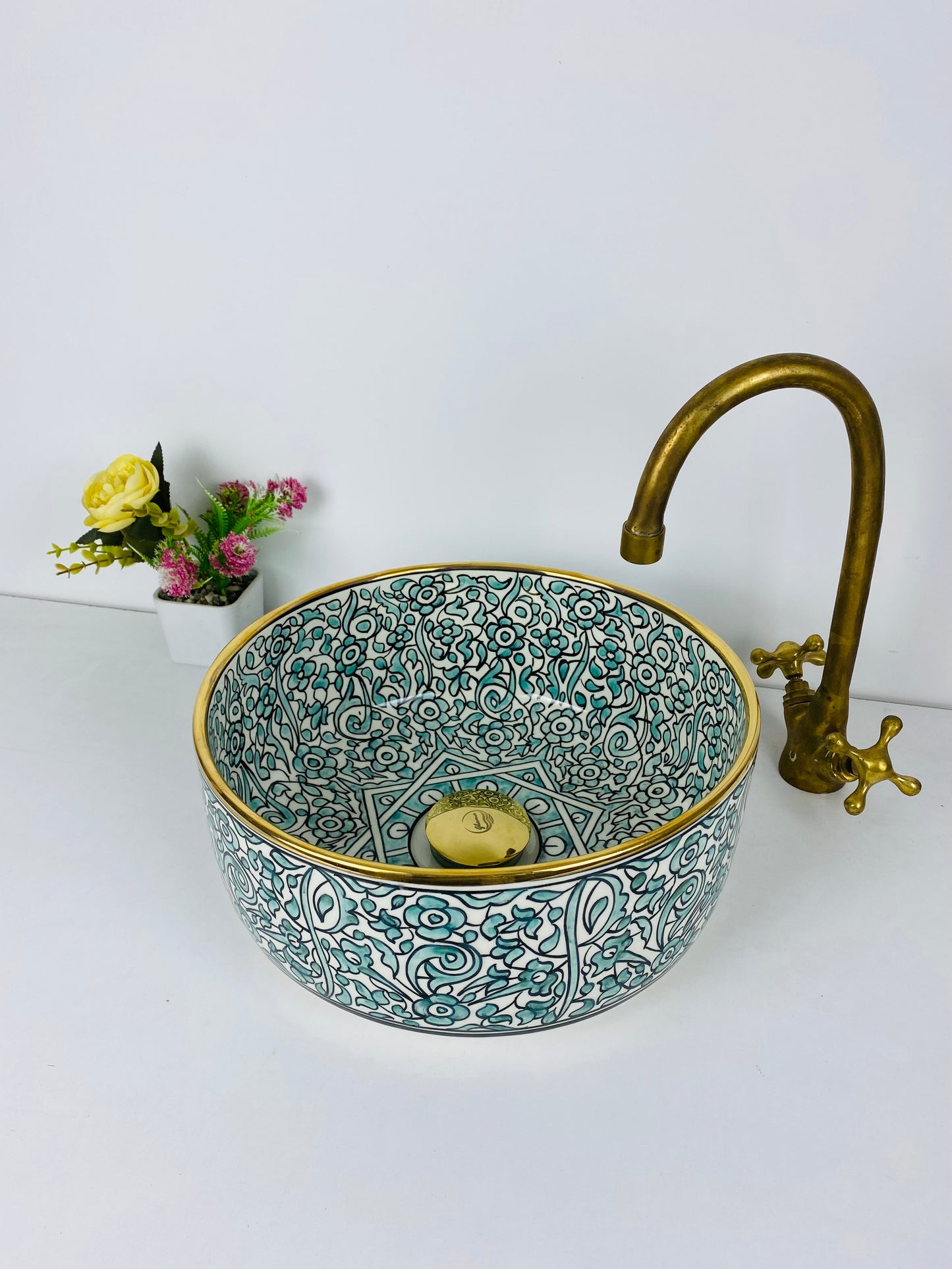 14K Gold and Teal Bloom: Handcrafted Ceramic Sink with Teal Flower Accents