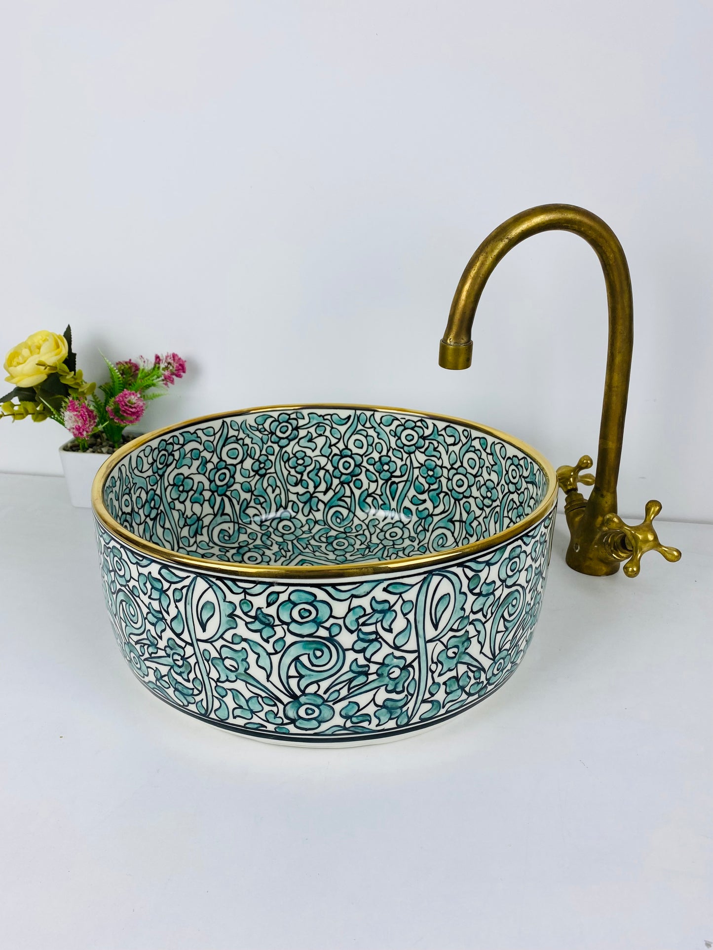 14K Gold and Teal Bloom: Handcrafted Ceramic Sink with Teal Flower Accents