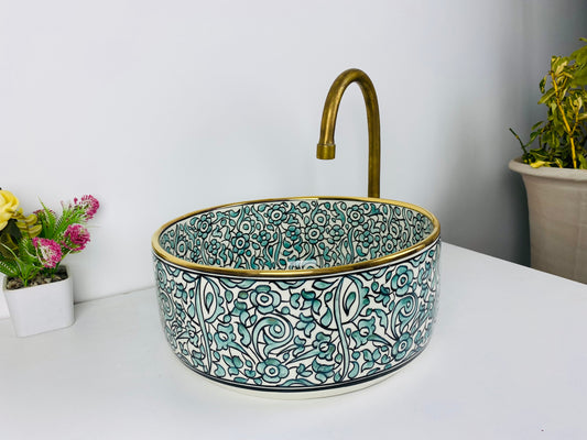 14K Gold and Teal Bloom: Handcrafted Ceramic Sink with Teal Flower Accents