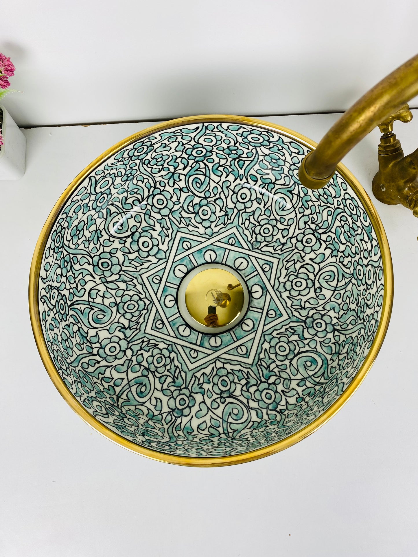 14K Gold and Teal Bloom: Handcrafted Ceramic Sink with Teal Flower Accents