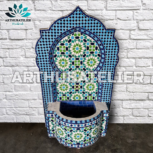 Handmade Moroccan Zellige Fountain – Blue & Green Mosaic Elegance