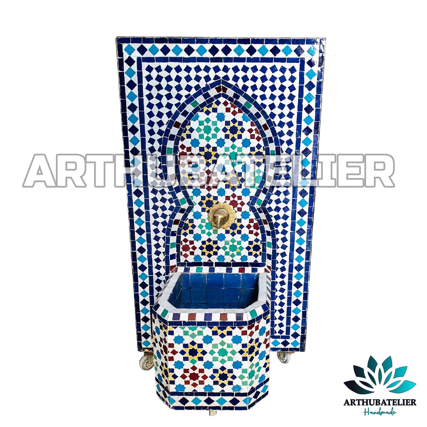 Handcrafted Moroccan Zellige Fountain – Blue & Multicolor Mosaic