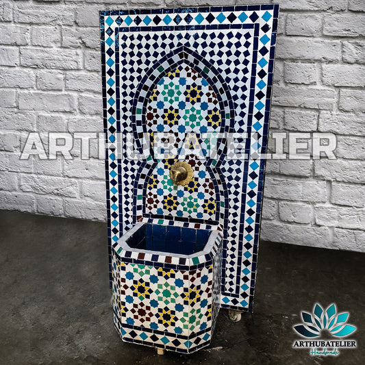 Handcrafted Moroccan Zellige Fountain – Blue & Multicolor Mosaic