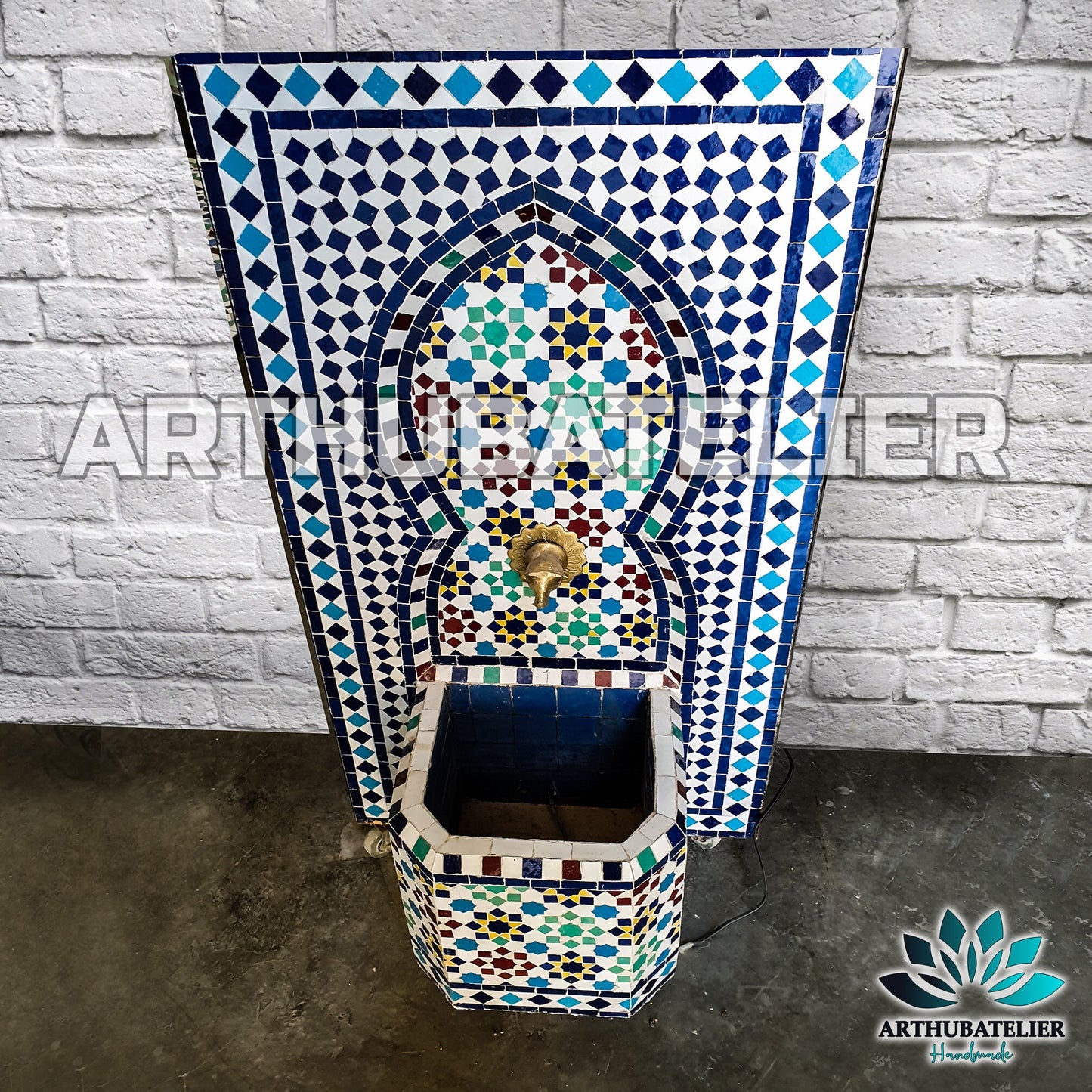 Handcrafted Moroccan Zellige Fountain – Blue & Multicolor Mosaic