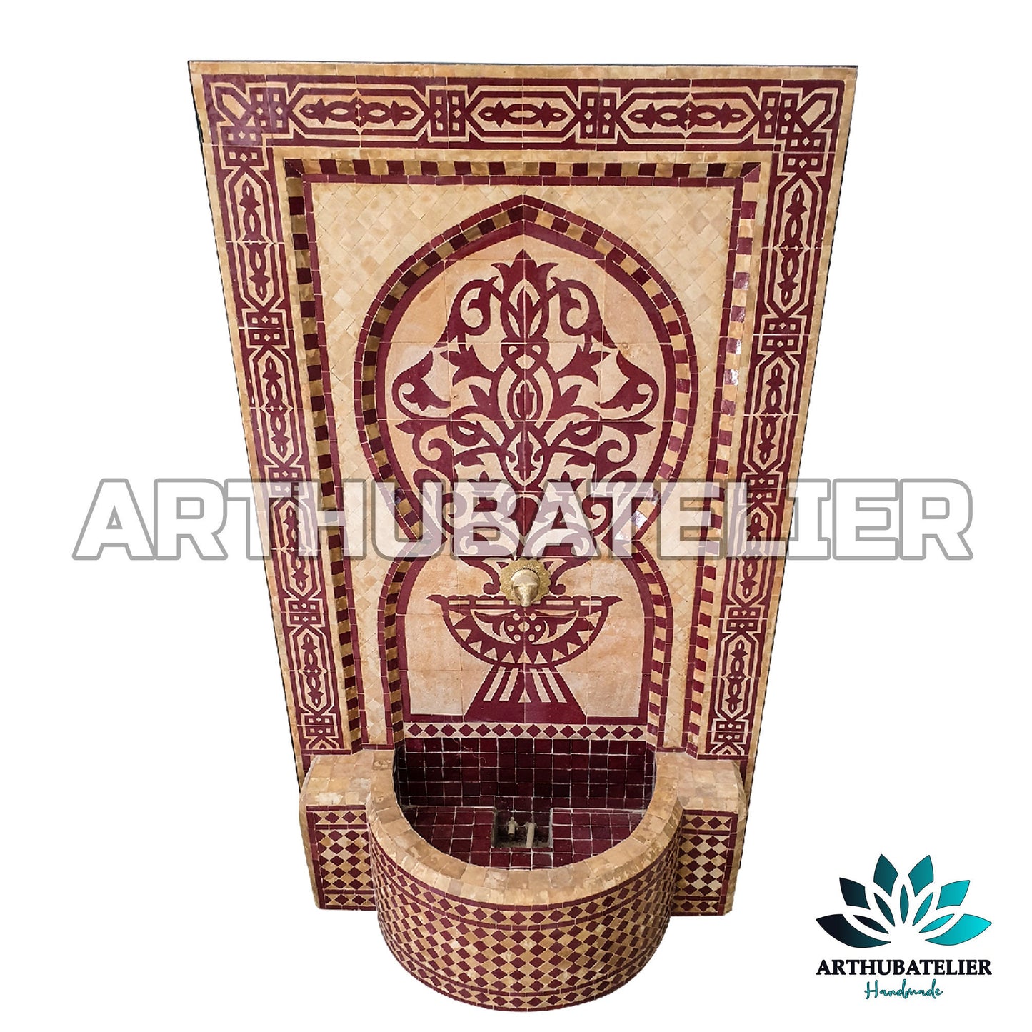 Handcrafted Moroccan Zellige Fountain – Traditional Red & Beige Mosaic Design