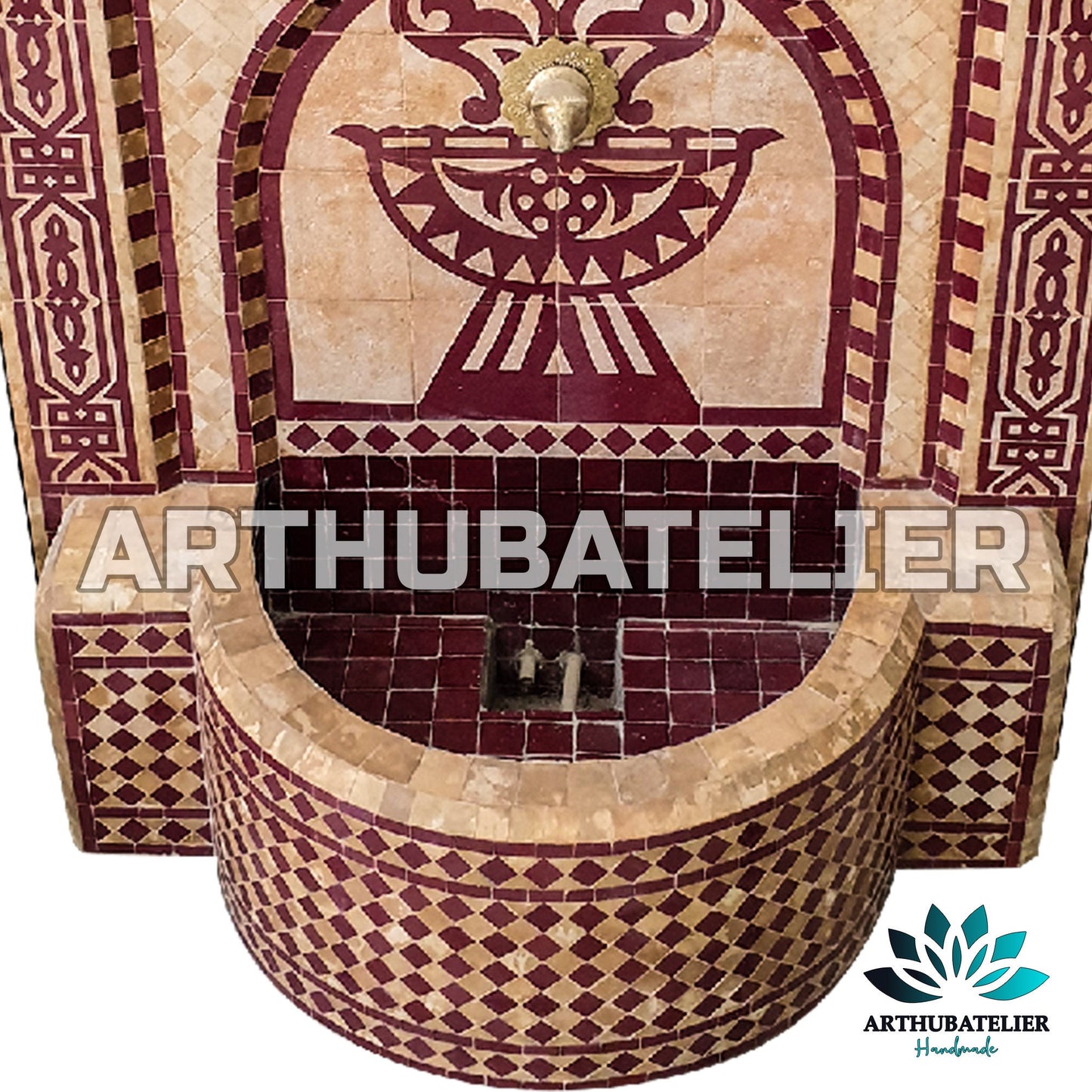 Handcrafted Moroccan Zellige Fountain – Traditional Red & Beige Mosaic Design