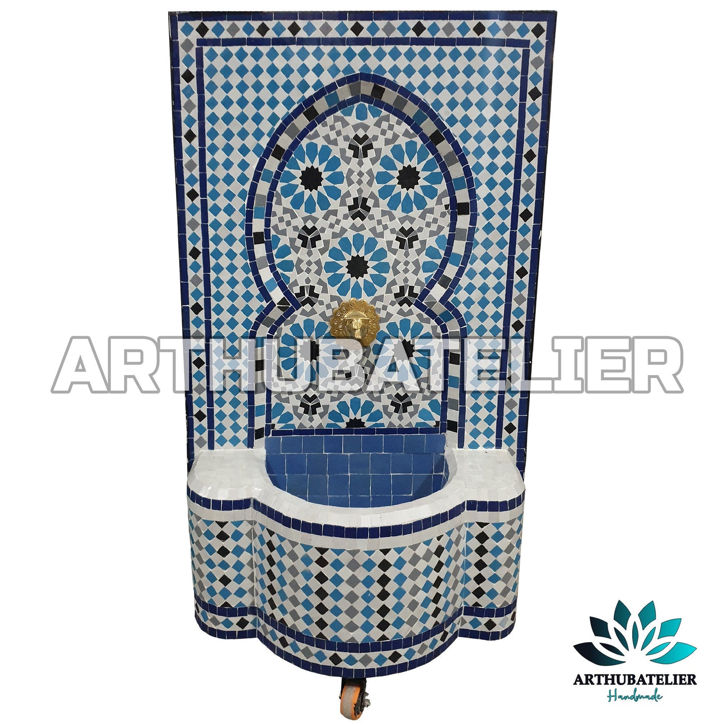 Handmade Moroccan Zellige Fountain – Elegant Blue & White Mosaic Design