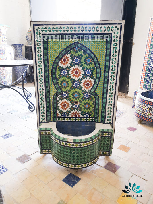 Handcrafted Moroccan Zellige Fountain – Vibrant Green & Mosaic Design