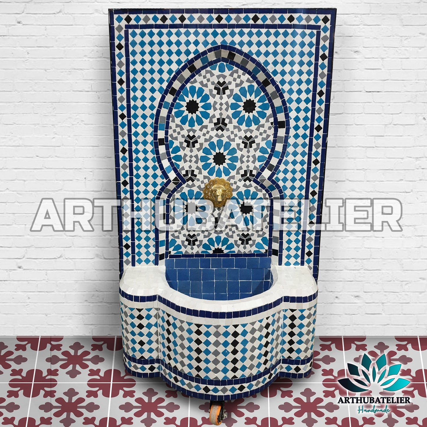 Handmade Moroccan Zellige Fountain – Elegant Blue & White Mosaic Design