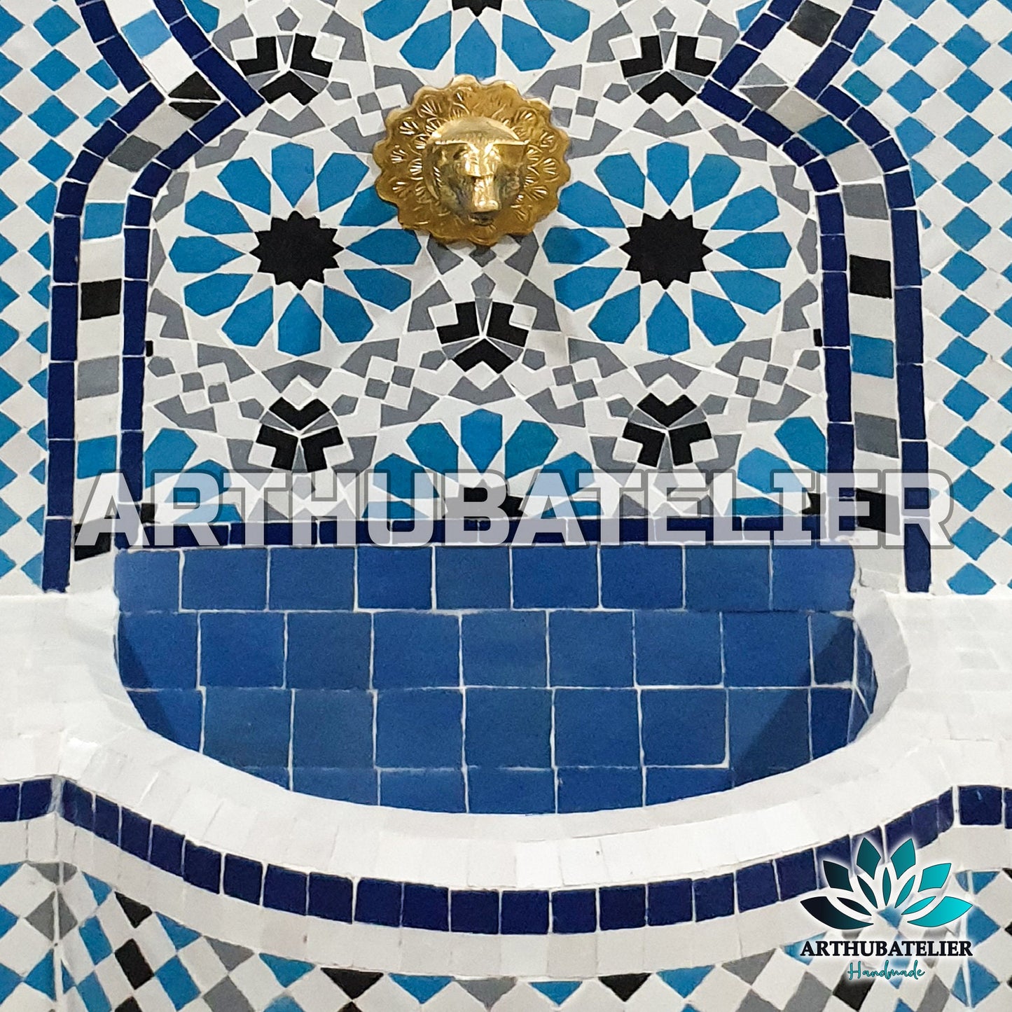 Handmade Moroccan Zellige Fountain – Elegant Blue & White Mosaic Design