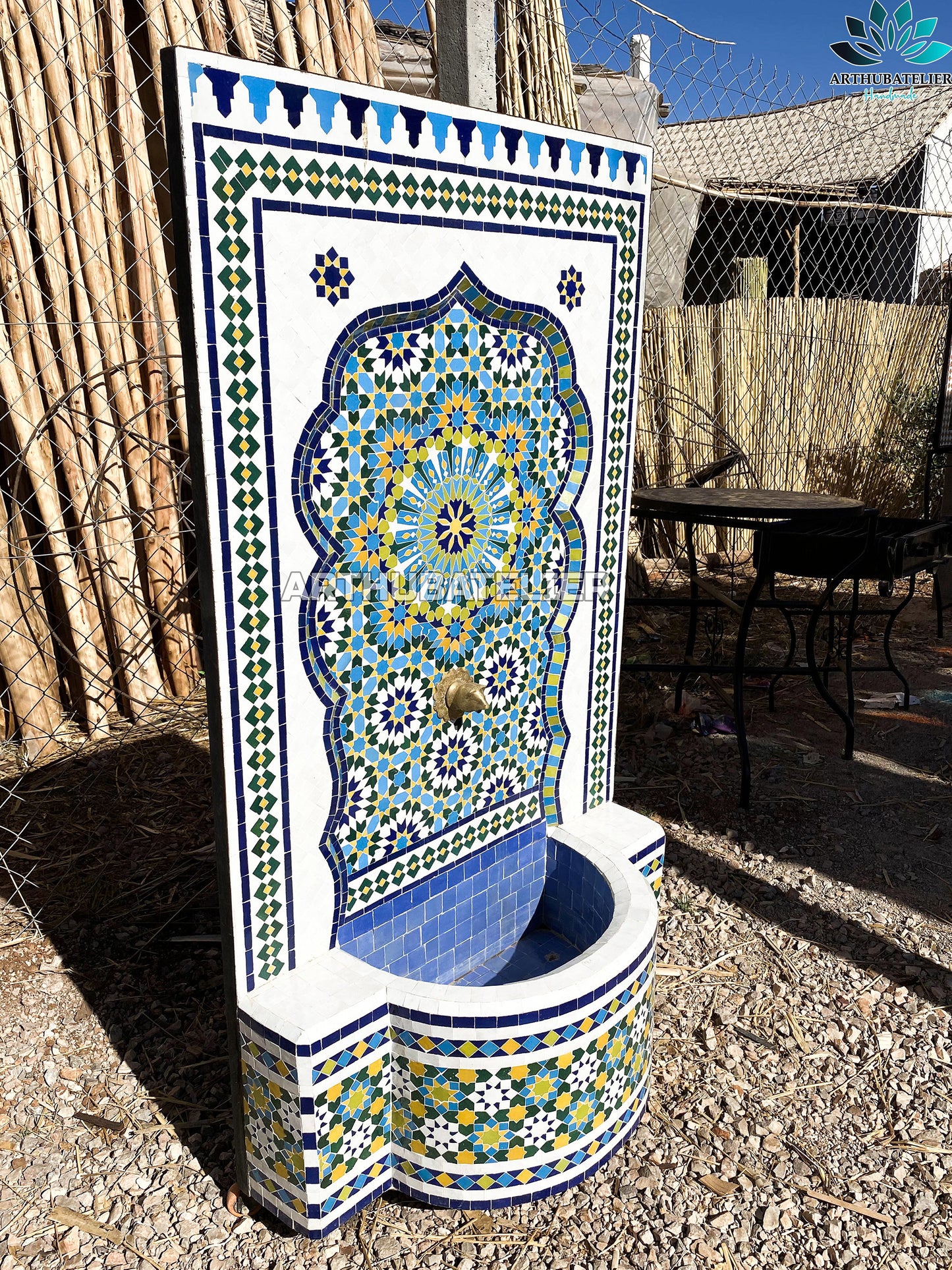 Handcrafted Moroccan Zellige Fountain – Vibrant Blue & Yellow Mosaic