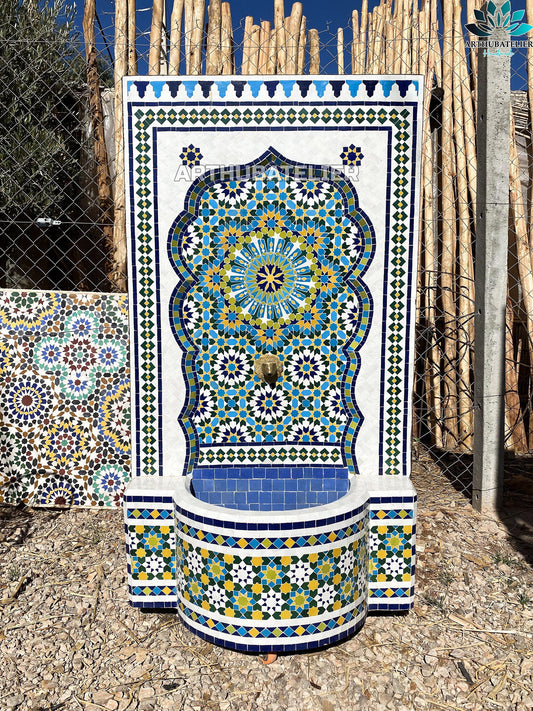 Handcrafted Moroccan Zellige Fountain – Vibrant Blue & Yellow Mosaic